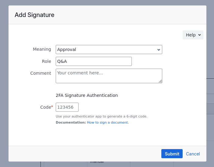 Document Control authenticate signature screenshot