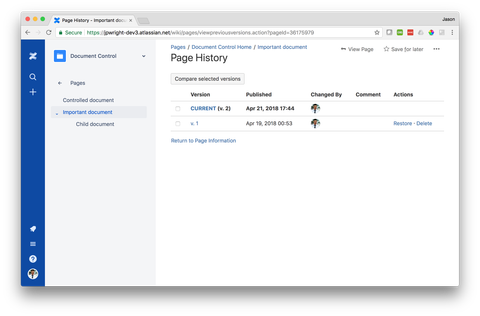 Viewing a page's version history.