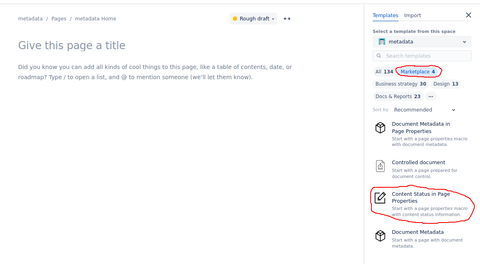 Using a template in a new page for the Content Status macro.
